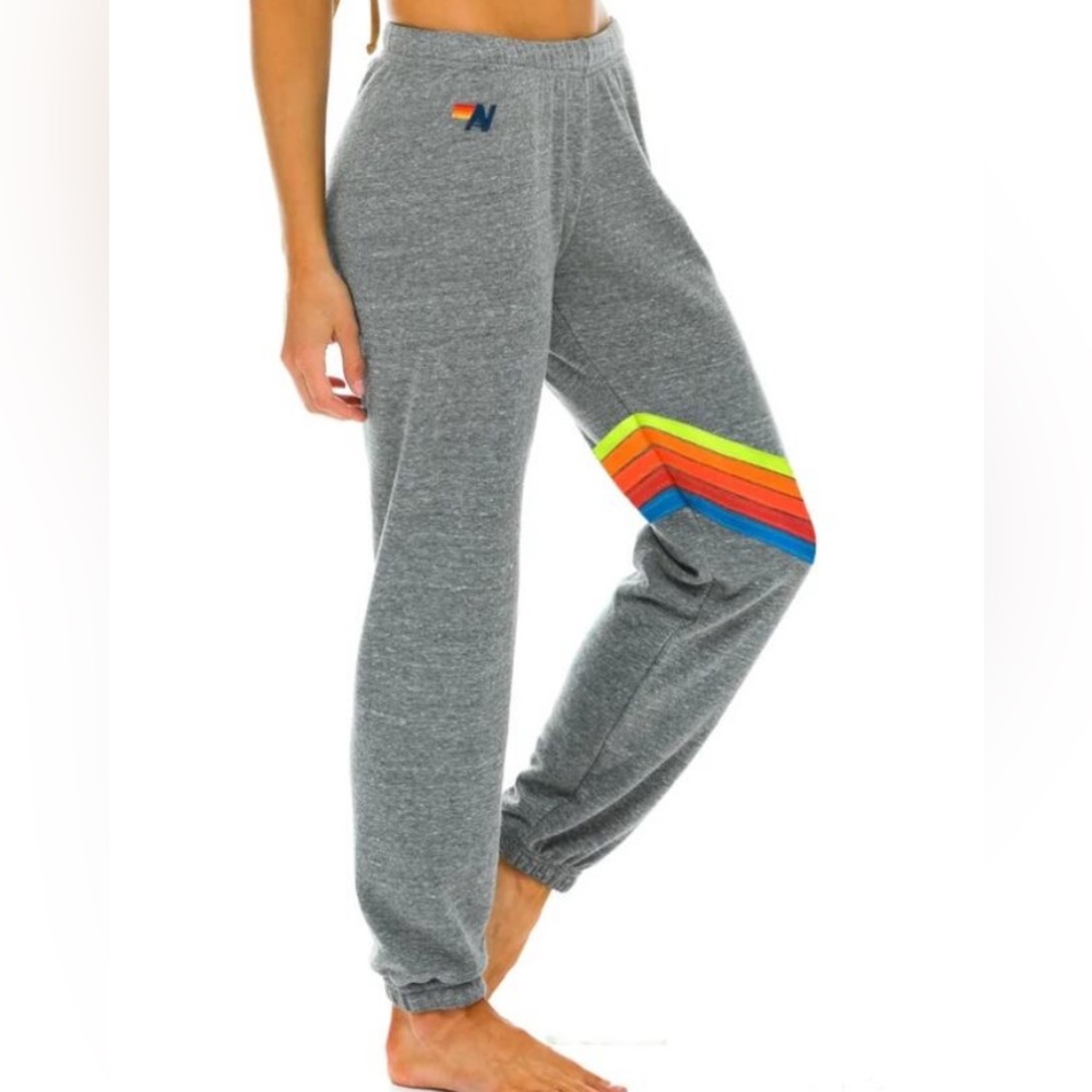 Aviator Nation Gray Track Pants with Rainbow Stripes